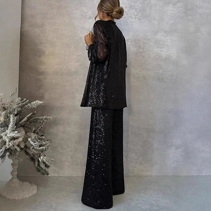Lucelle - Elegante set a due pezzi con paillettes scintillanti e pantaloni a vita alta alla moda