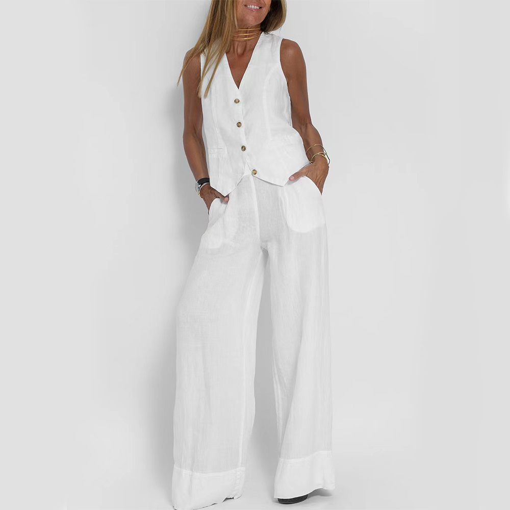 Abito elegante da donna senza maniche in lino con pantaloni coordinati
