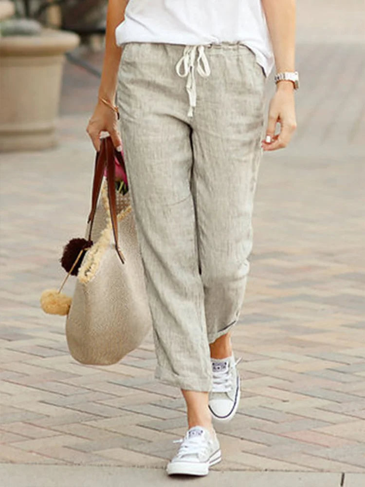 Elvan - pantaloni da donna alla moda con gamba dritta e comodo elastico in vita