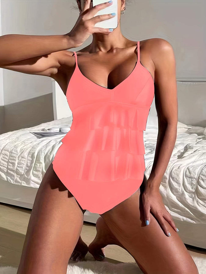 Elegante top tankini da donna con elegante scollo a V, chiusure regolabili e chiusura alta per garantire comfort e sicurezza