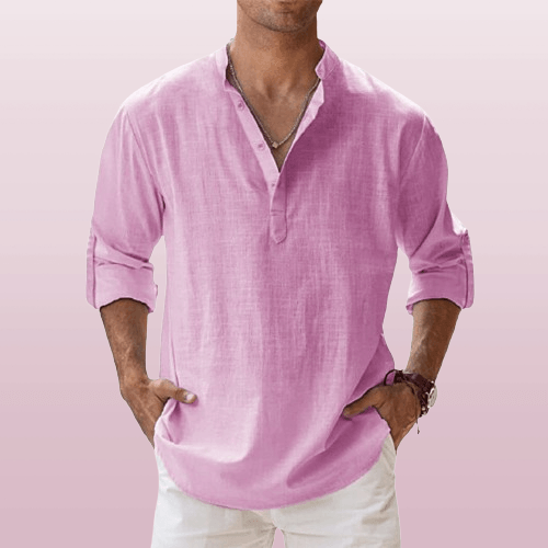 Camicia Henley elegante da uomo in misto lino - manica lunga, comoda vestibilità regolare per tutti i giorni