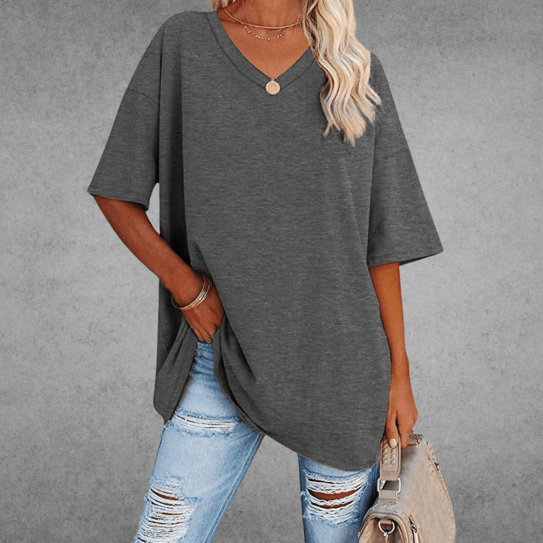 Elegante T-shirt da donna in cotone melange con scollo a punta - Comfort e look alla moda garantiti