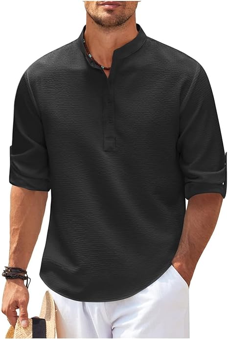 Camicia Coupe Relaxée da uomo con colletto Mao, più lunga con bottone, in cotone leggero