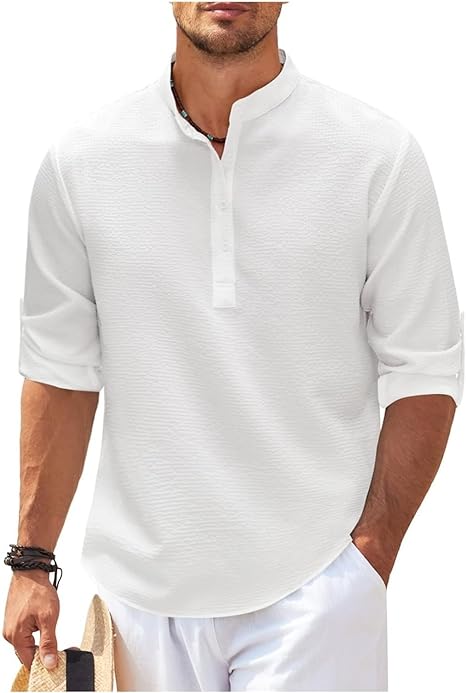 Camicia Coupe Relaxée da uomo con colletto Mao, più lunga con bottone, in cotone leggero