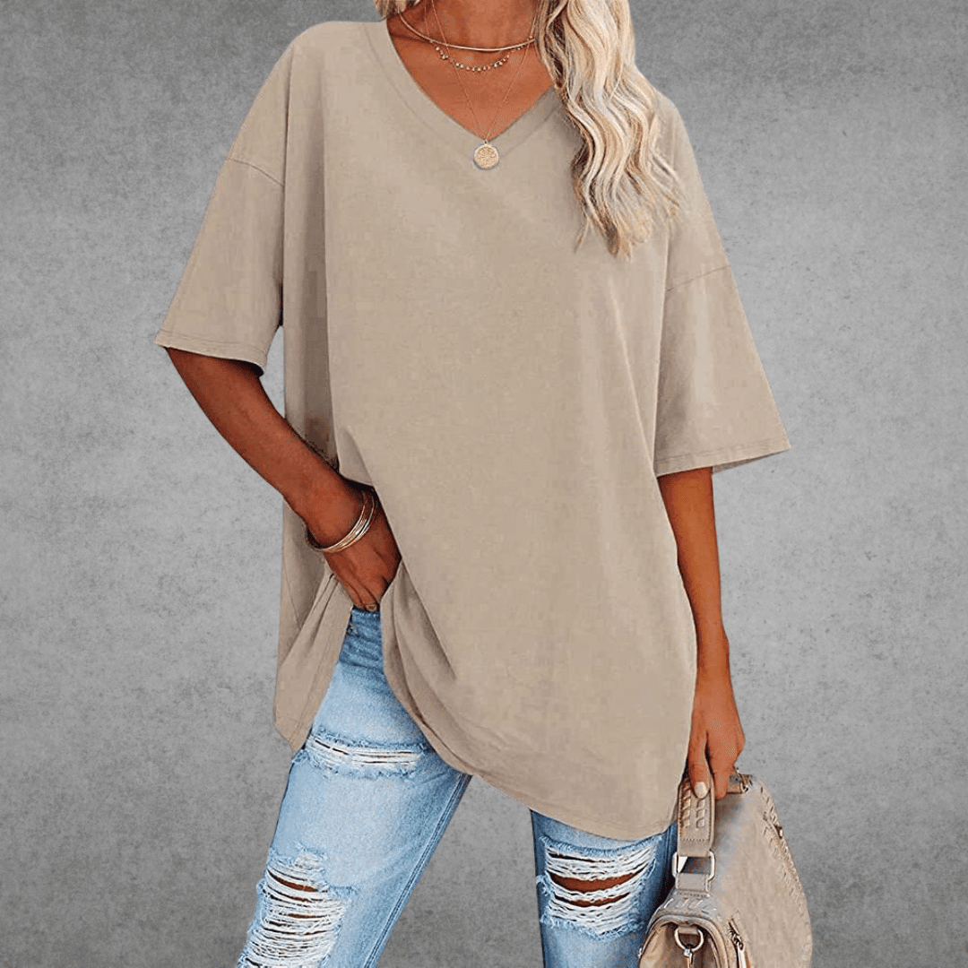 Elegante T-shirt da donna in cotone melange con scollo a punta - Comfort e look alla moda garantiti