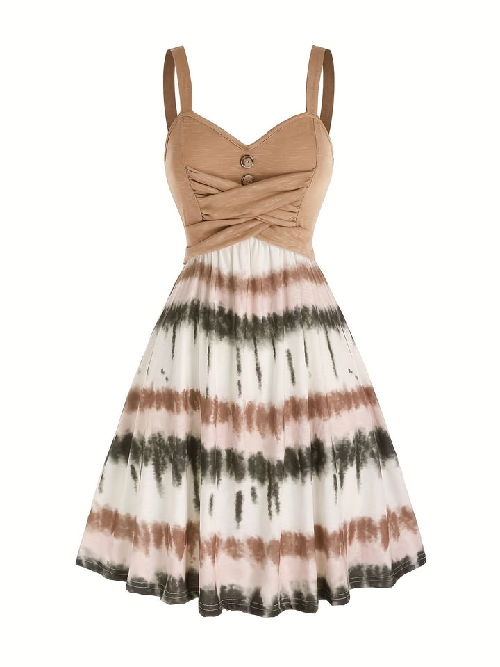 Elegante e comoda vestaglia da donna con motivo tie-dye alla moda, elegante scollatura a V e finti bottoni di gusto.