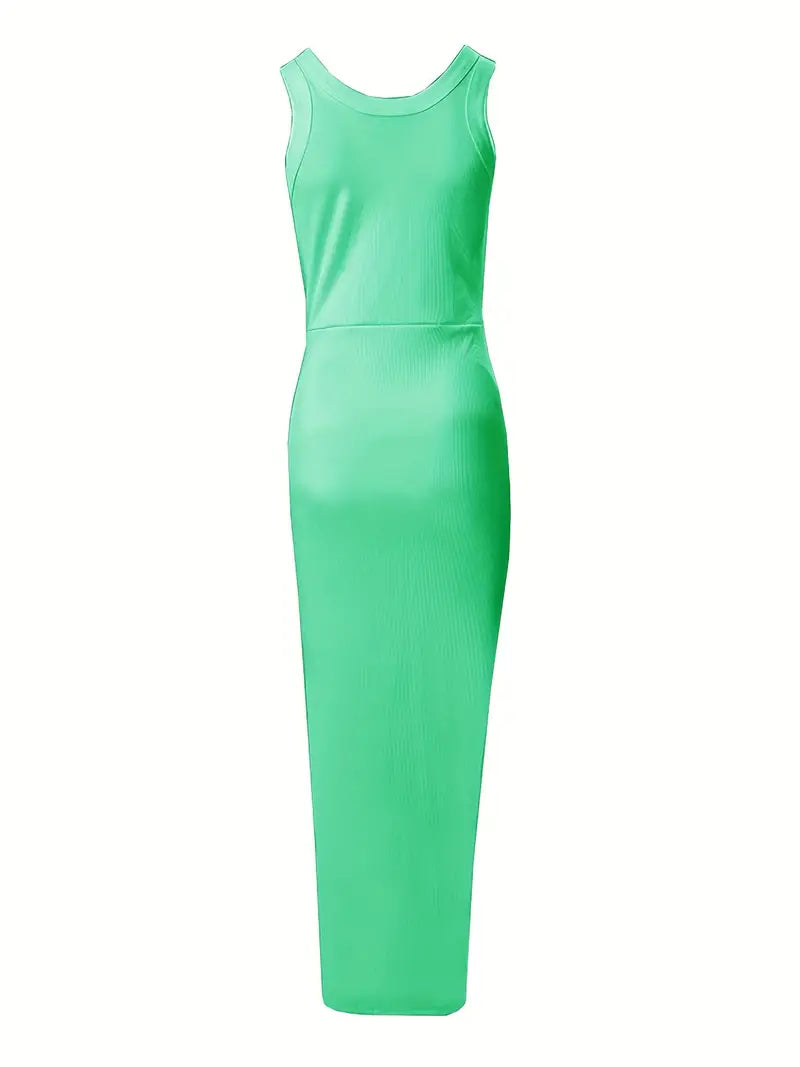 Elegante abito bodycon da donna senza maniche in raso con elegante scollatura e sorprendente spacco alto