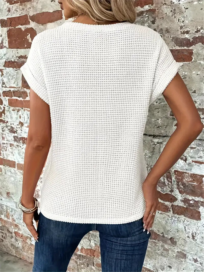 Top da donna in maglia con motivo waffle - vestibilità comoda e ampia, scollo rotondo e stile casual rilassato