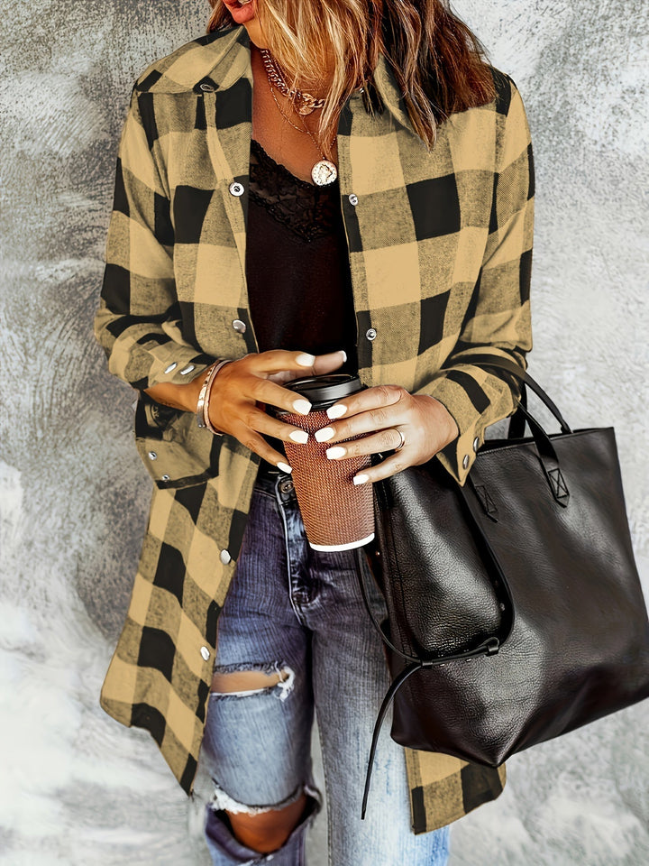 Elegante camicia a quadri da donna a maniche lunghe con bottoni - vestibilità ampia e confortevole in tessuto morbido