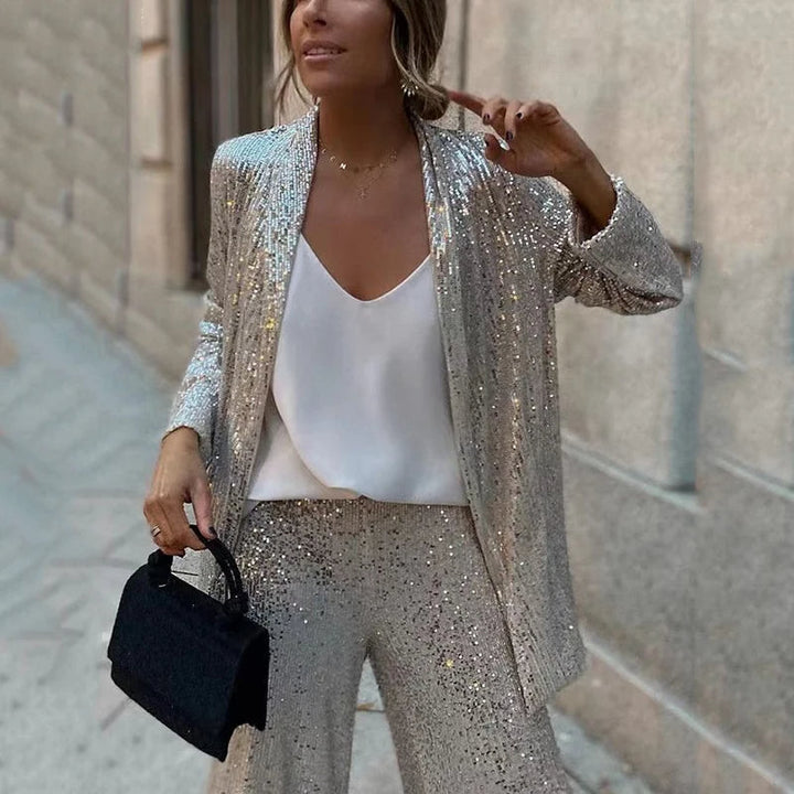 Lucelle - Elegante set a due pezzi con paillettes scintillanti e pantaloni a vita alta alla moda