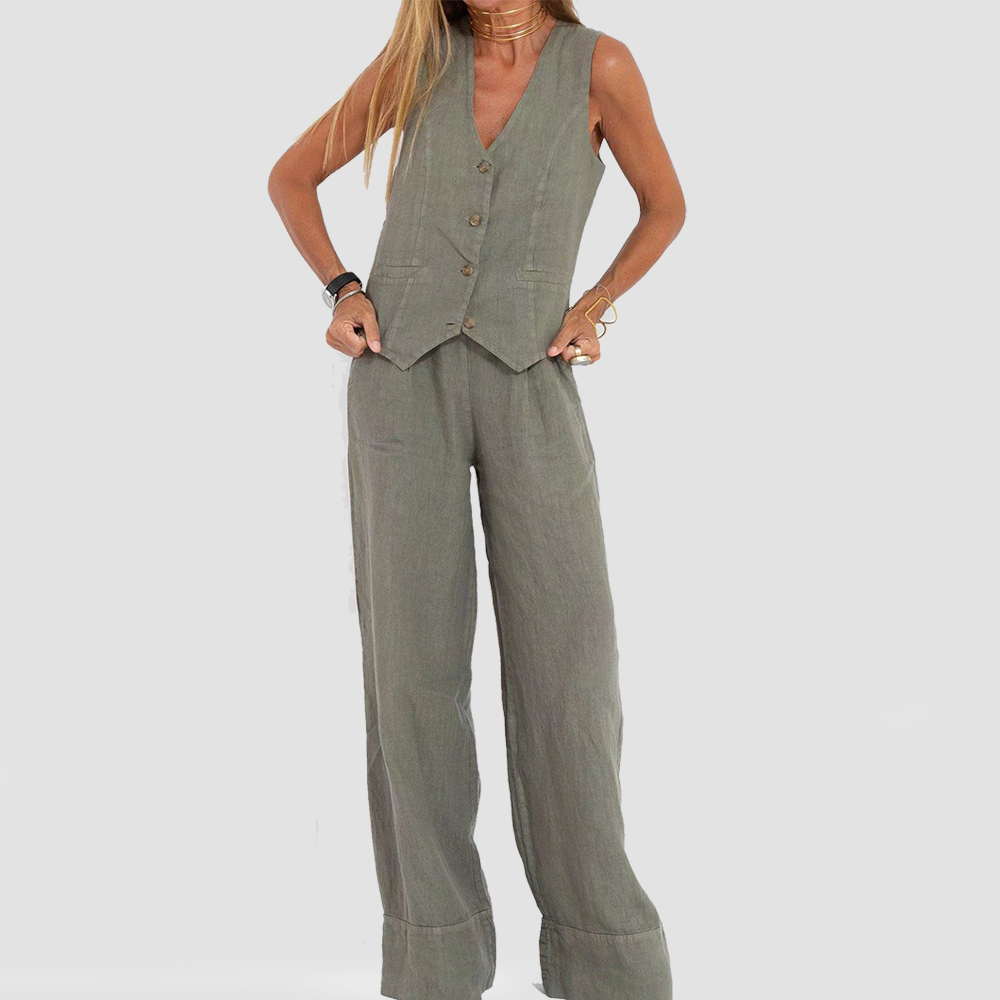 Abito elegante da donna senza maniche in lino con pantaloni coordinati