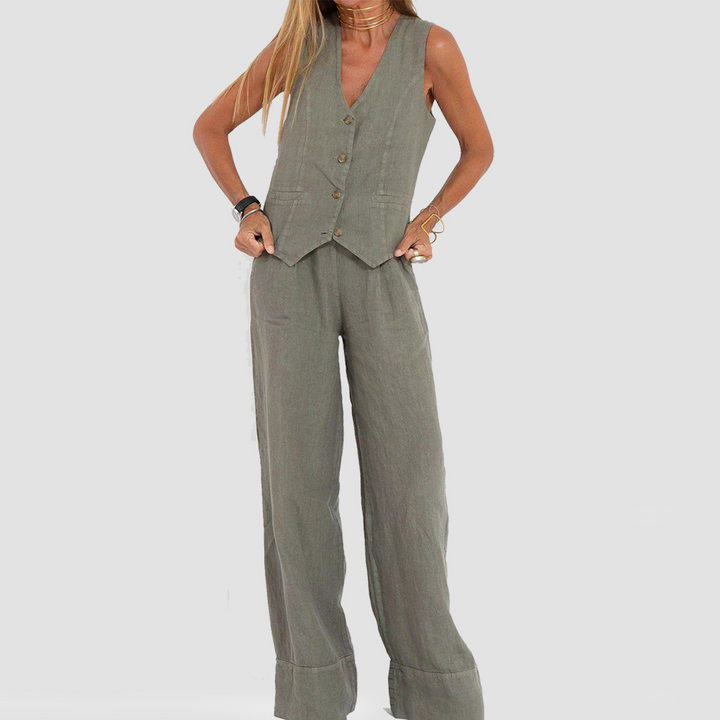 Abito elegante da donna senza maniche in lino con pantaloni coordinati