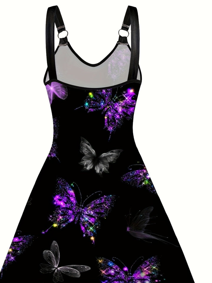 Elegante vestaglia da donna senza maniche, con una suggestiva stampa papillon e un elegante scollo a V con scollatura a punta