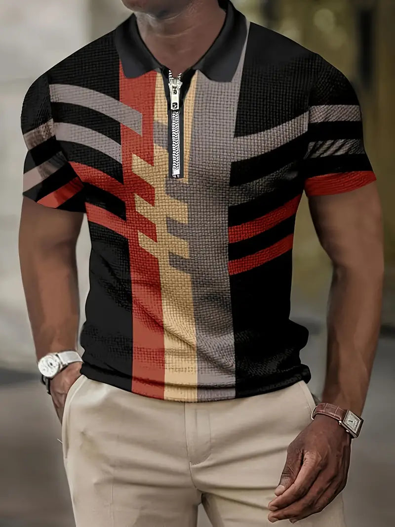 Elegante polo da uomo slim-fit con chiusura a zip, motivo geometrico alla moda e tessuto traspirante per il massimo comfort.