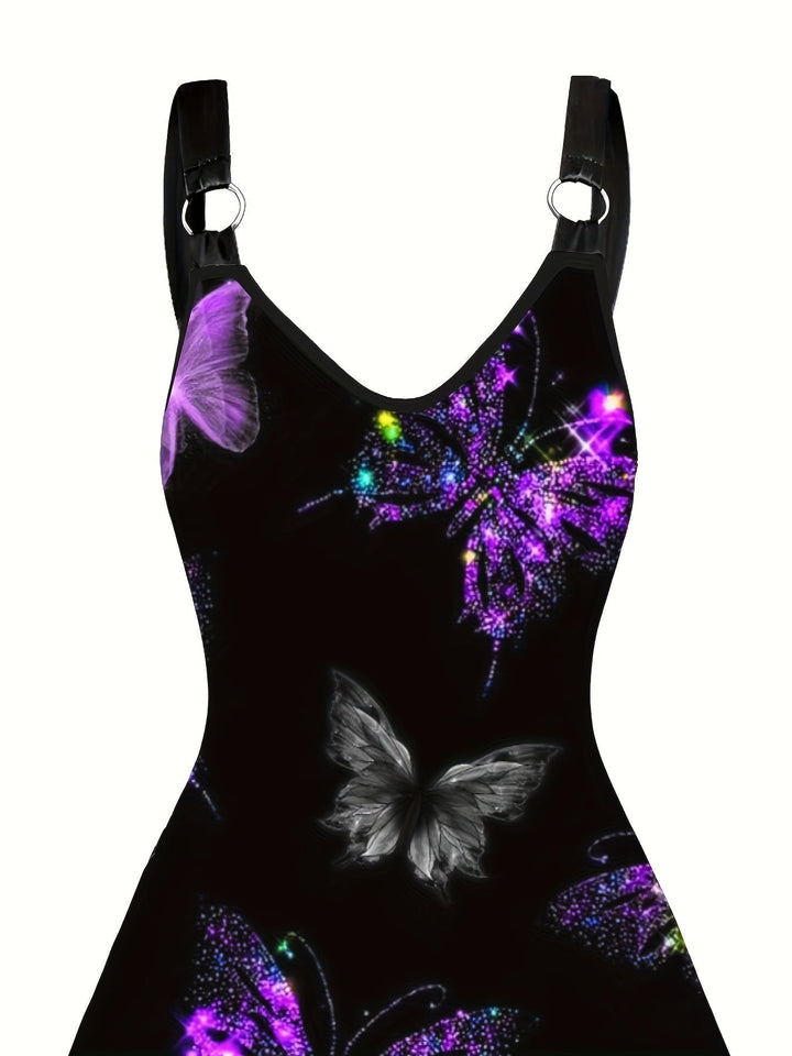Elegante vestaglia da donna senza maniche, con una suggestiva stampa papillon e un elegante scollo a V con scollatura a punta