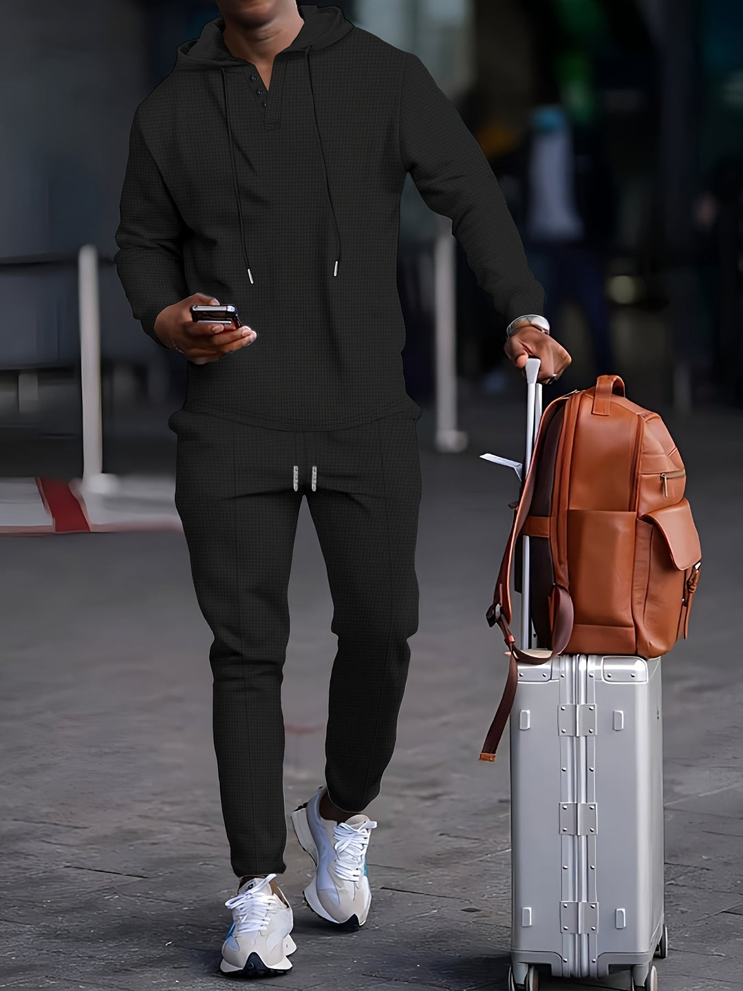 Set tuta da uomo con comoda felpa con cappuccio con colletto abbottonato e pratiche tasche - moderne scarpe da corsa con cordino per un comfort totale