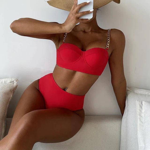 Elegante set bikini a vita alta con strisce alla moda per le donne