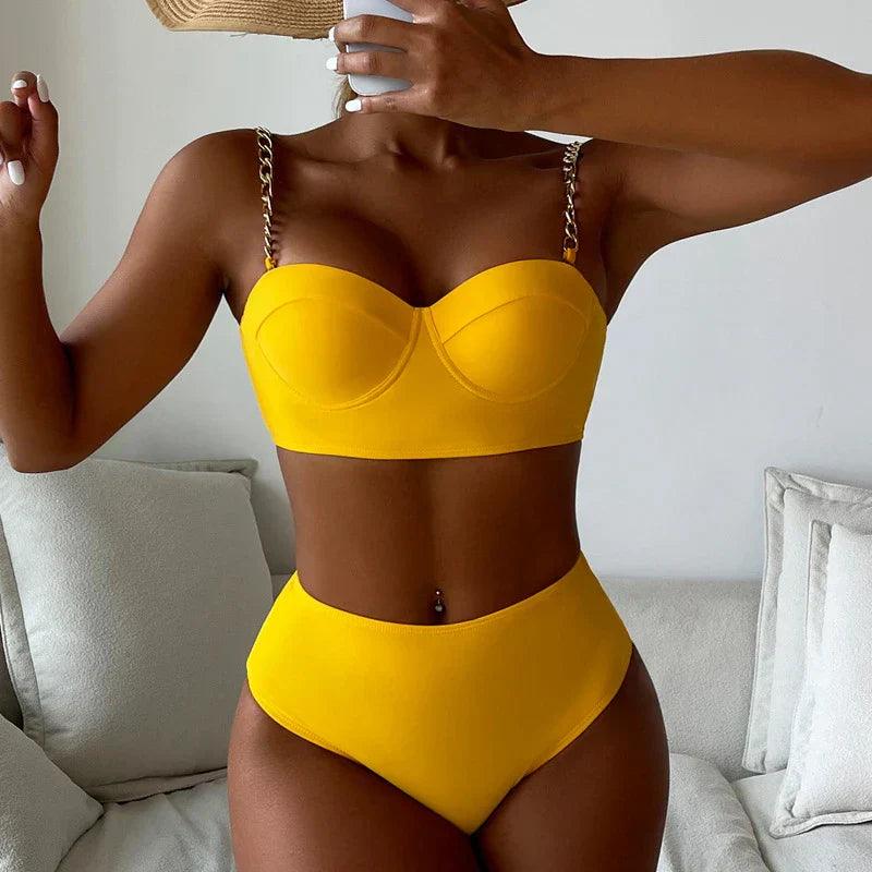 Elegante set bikini a vita alta con strisce alla moda per le donne