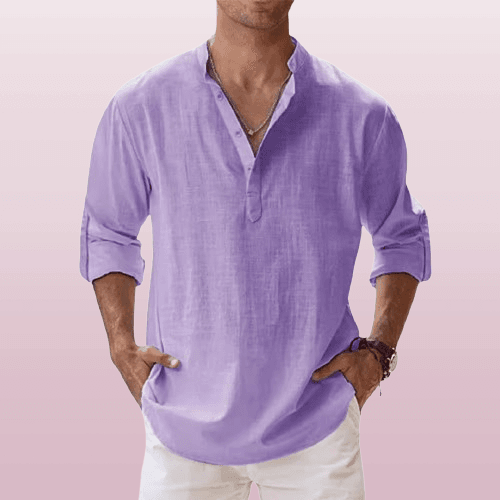 Camicia Henley elegante da uomo in misto lino - manica lunga, comoda vestibilità regolare per tutti i giorni