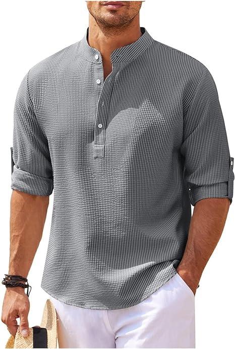 Camicia Henley da uomo, leggera e traspirante, con maniche arrotolabili: comoda e casual per ogni occasione.