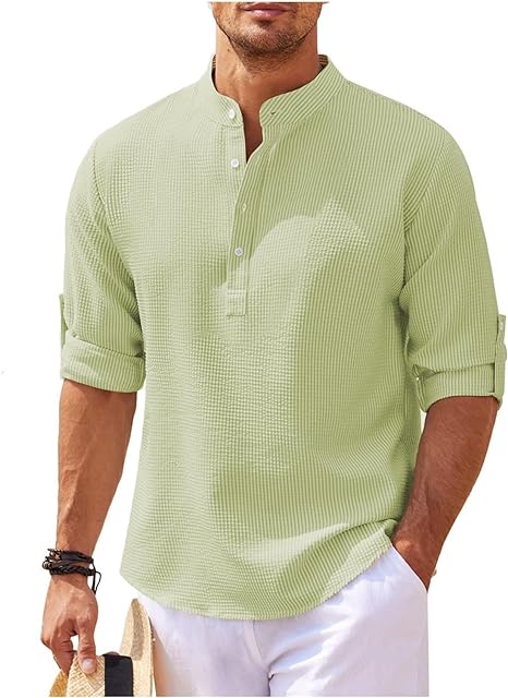 Camicia Coupe Relaxée da uomo con colletto Mao, più lunga con bottone, in cotone leggero