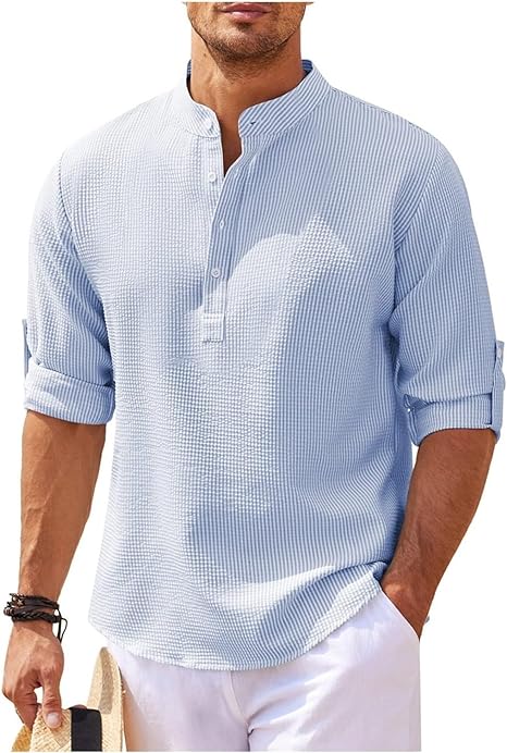 Camicia Coupe Relaxée da uomo con colletto Mao, più lunga con bottone, in cotone leggero