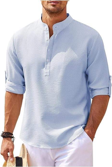 Camicia Henley da uomo, leggera e traspirante, con maniche arrotolabili: comoda e casual per ogni occasione.
