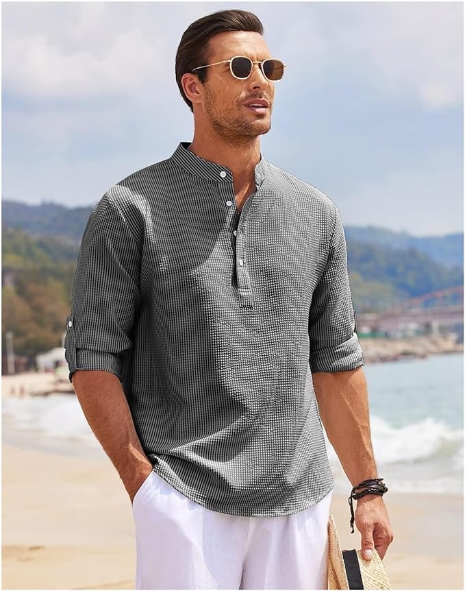 Camicia Coupe Relaxée da uomo con colletto Mao, più lunga con bottone, in cotone leggero