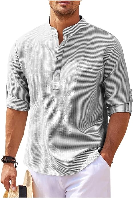 Camicia Coupe Relaxée da uomo con colletto Mao, più lunga con bottone, in cotone leggero