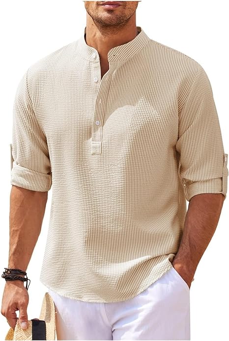 Camicia Coupe Relaxée da uomo con colletto Mao, più lunga con bottone, in cotone leggero