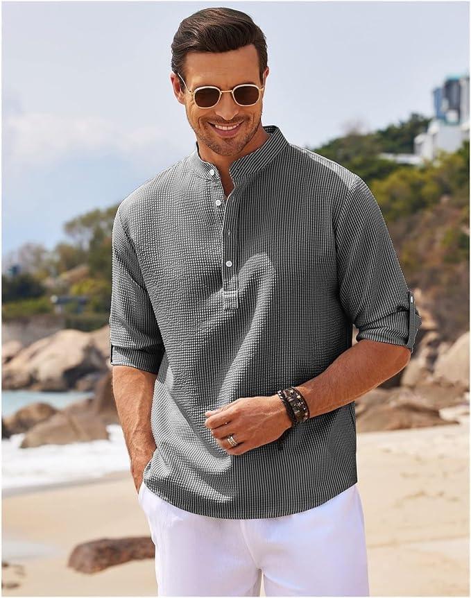 Camicia Henley da uomo, leggera e traspirante, con maniche arrotolabili: comoda e casual per ogni occasione.