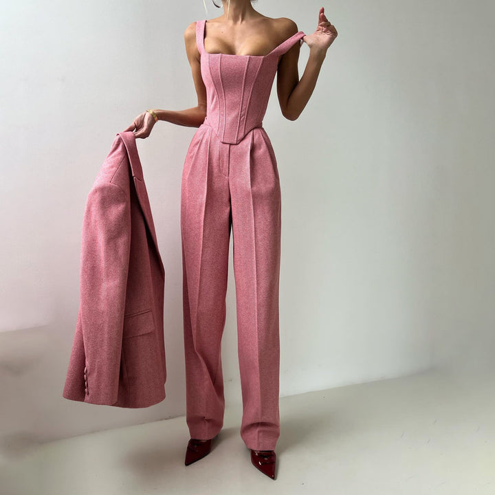 Tuta da donna 3 pezzi elegante e alla moda con blazer alla moda, top elegante e comode gambe larghe