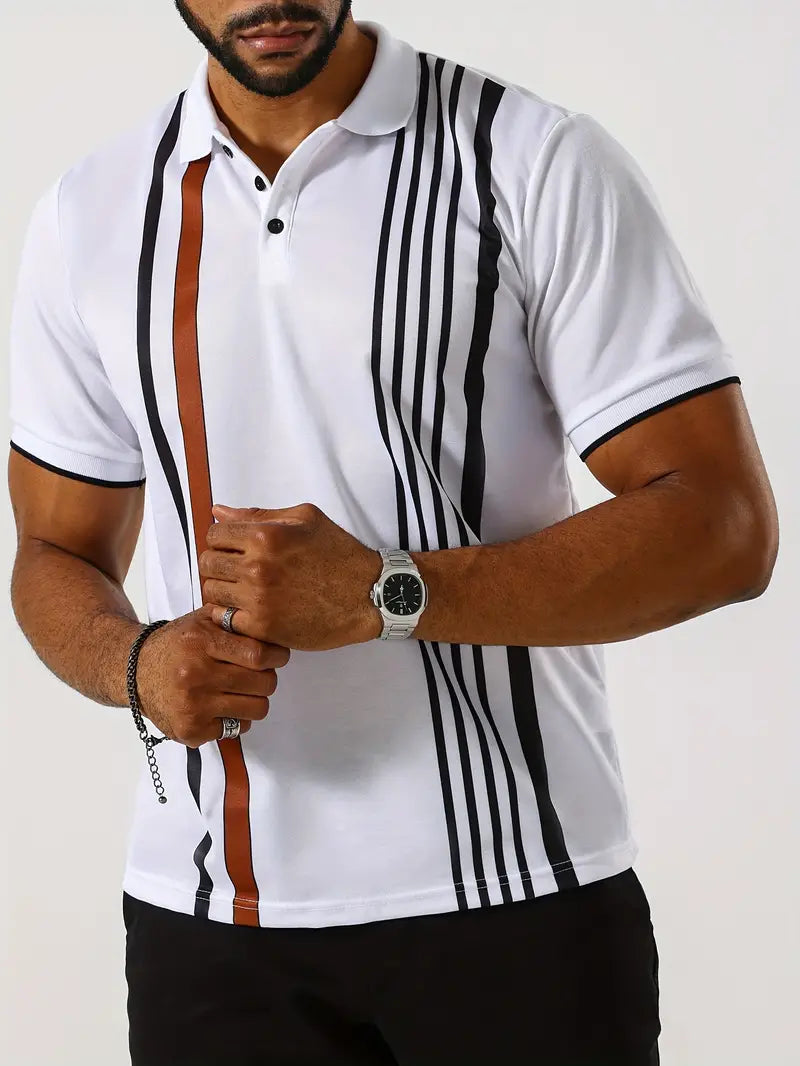 Polo da uomo elegante, slim fit, a maniche corte, a righe verticali, colletto classico