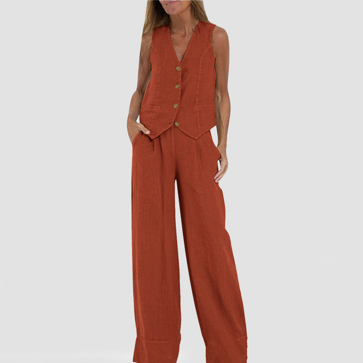 Abito elegante da donna senza maniche in lino con pantaloni coordinati