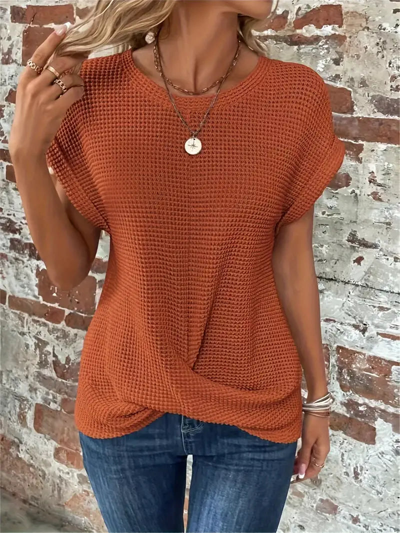 Top da donna in maglia con motivo waffle - vestibilità comoda e ampia, scollo rotondo e stile casual rilassato