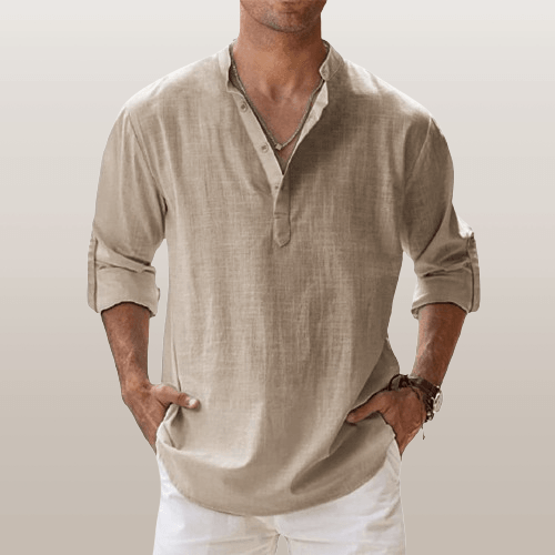 Camicia Henley elegante da uomo in misto lino - manica lunga, comoda vestibilità regolare per tutti i giorni