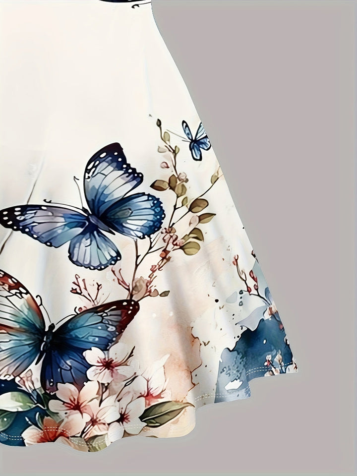 Elegante vestaglia da donna senza maniche, con una suggestiva stampa papillon e un elegante scollo a V con scollatura a punta