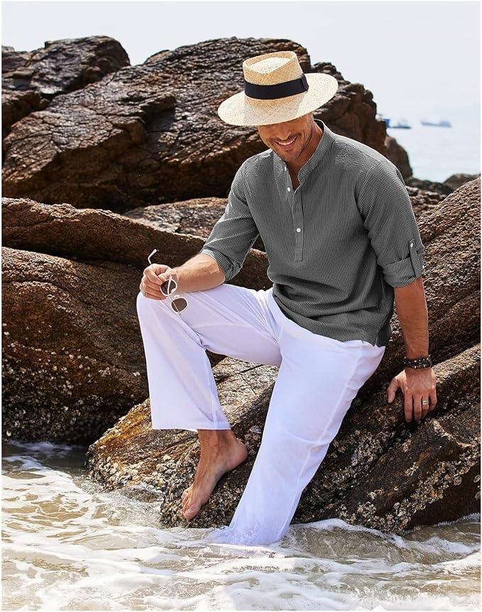 Camicia Henley da uomo, leggera e traspirante, con maniche arrotolabili: comoda e casual per ogni occasione.