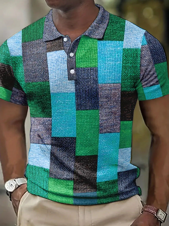 Polo elegante da uomo con un esclusivo motivo patchwork - manica corta e abbigliamento arioso per tutti i giorni