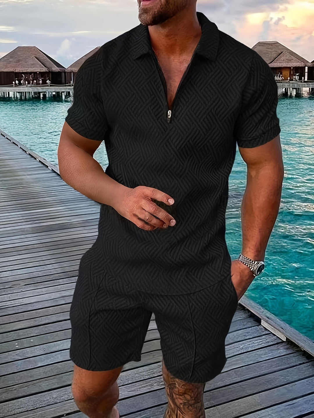 Elegante set da uomo con frangia a quadri e pratica chiusura a zip