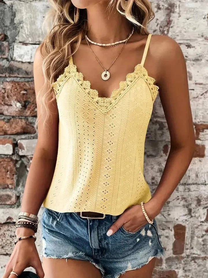 Top sans manches per donna con gocce d'acqua, scollo a V elegante, bordatura in pelle raffinata e bretelle regolabili per uno stile perfetto.