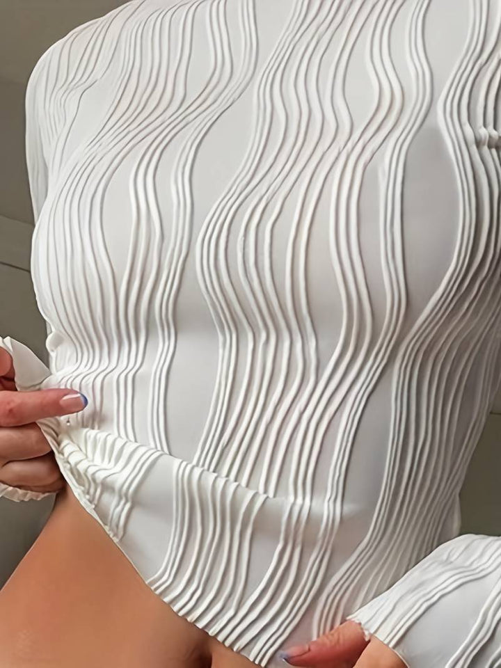 Elegante felpa regolabile da donna con un sorprendente motivo a texture 3D, collo alto e polsini lunghi elasticizzati