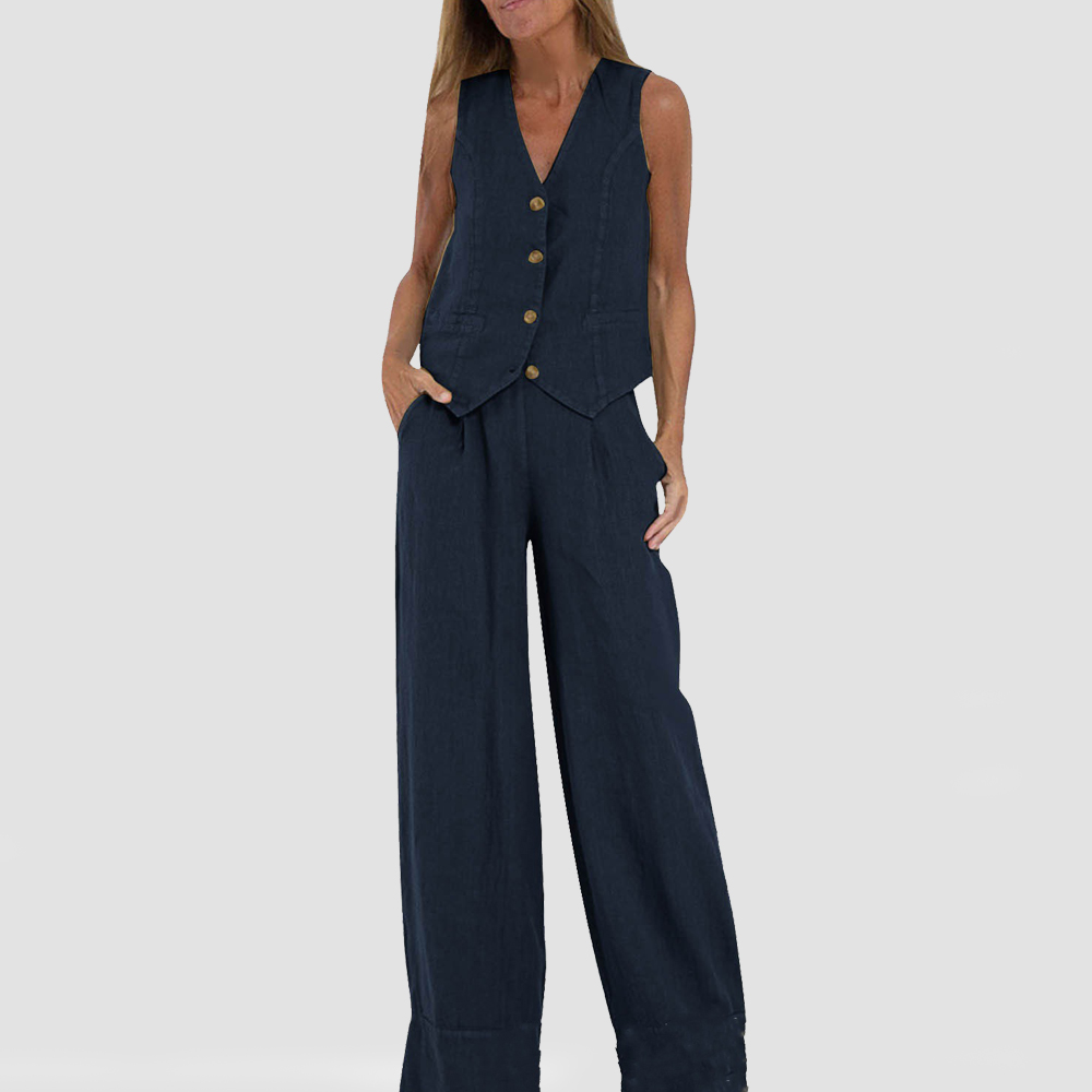 Abito elegante da donna senza maniche in lino con pantaloni coordinati