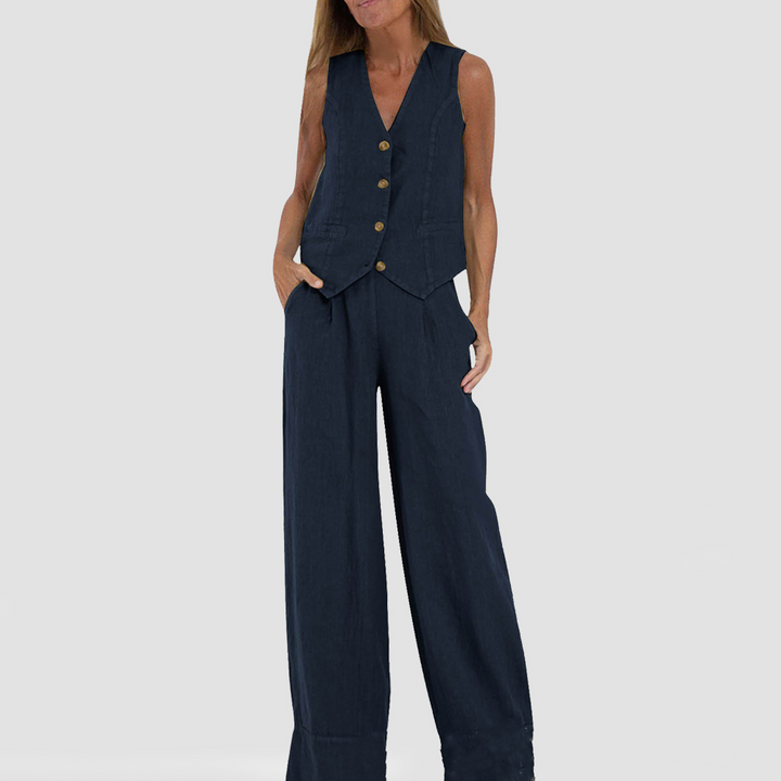 Abito elegante da donna senza maniche in lino con pantaloni coordinati