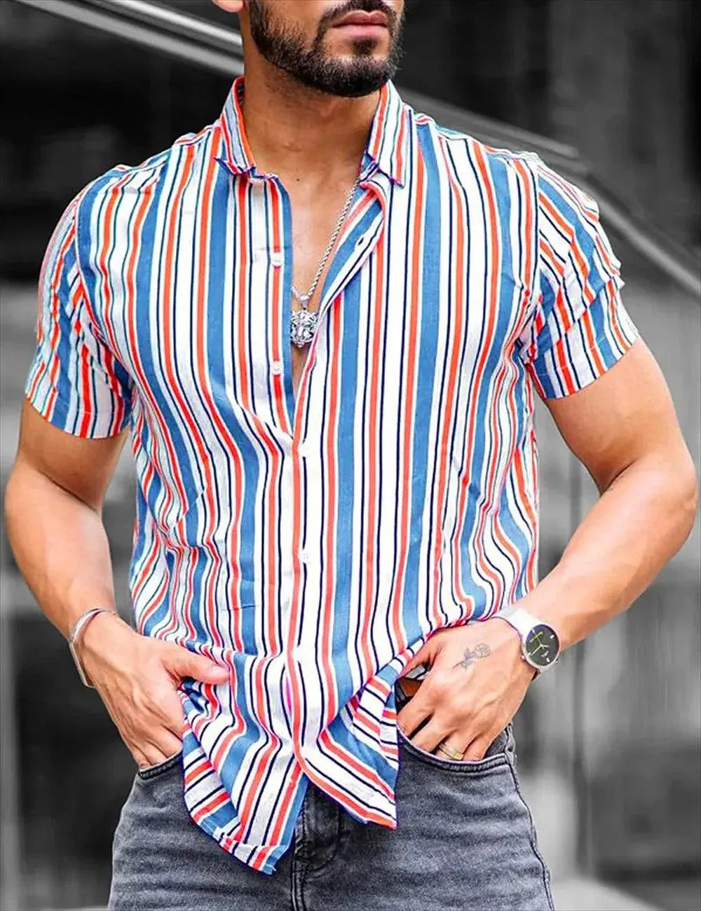 Camicia Uomo a Maniche Corte Bottoni Doppio Filo a Righe Tessuto Leggero e Traspirante - Comfort e Stile Classico