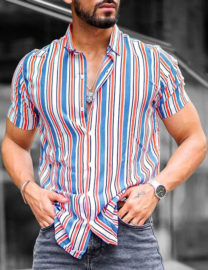 Camicia Uomo a Maniche Corte Bottoni Doppio Filo a Righe Tessuto Leggero e Traspirante - Comfort e Stile Classico