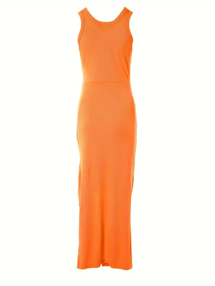 Elegante abito bodycon da donna senza maniche in raso con elegante scollatura e sorprendente spacco alto