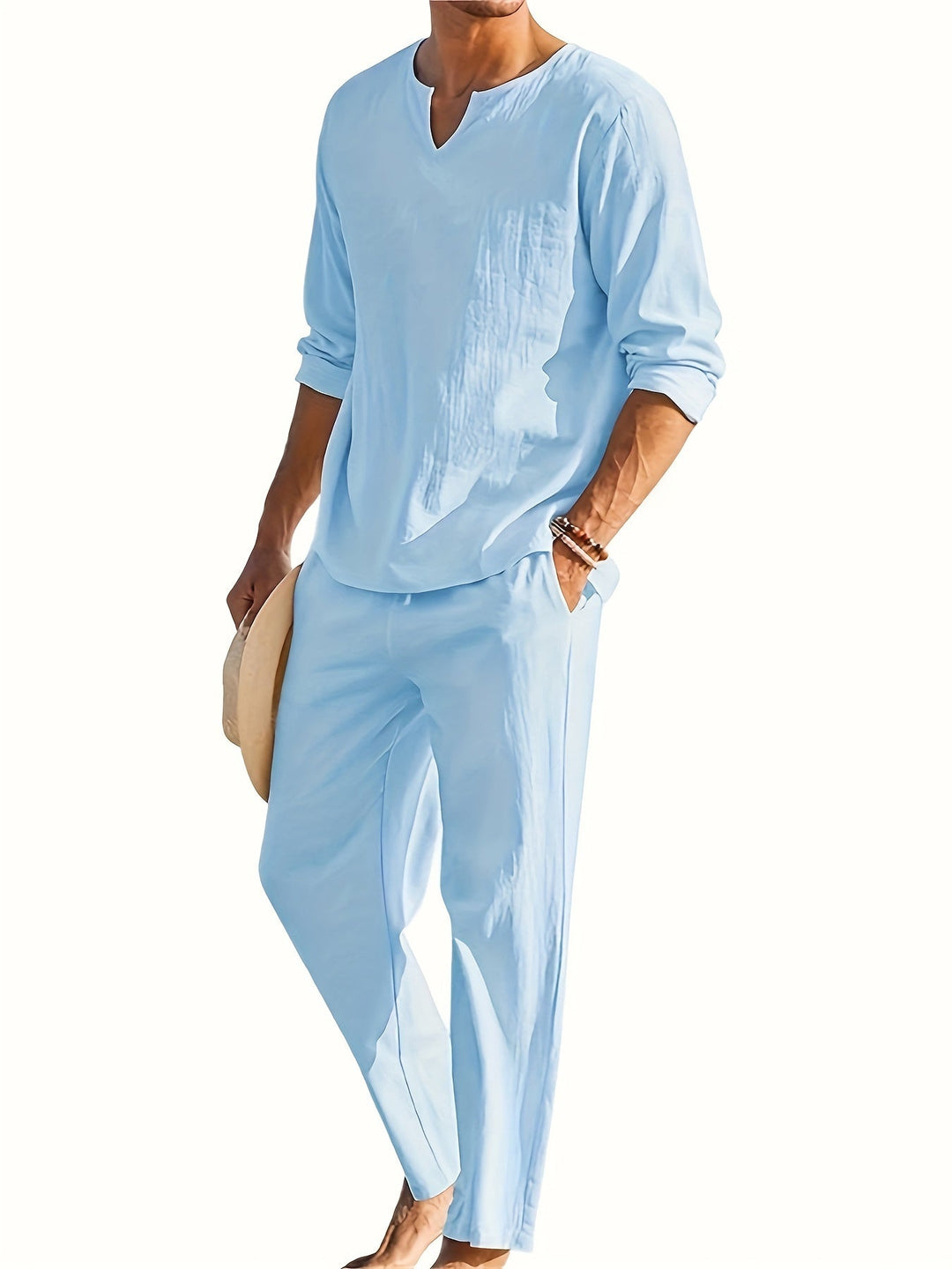 Elegante set da uomo con scollo a punta, polsini lunghi e comodi pantaloni larghi