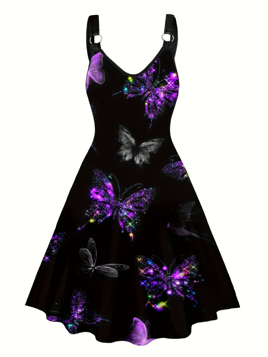 Elegante vestaglia da donna senza maniche, con una suggestiva stampa papillon e un elegante scollo a V con scollatura a punta