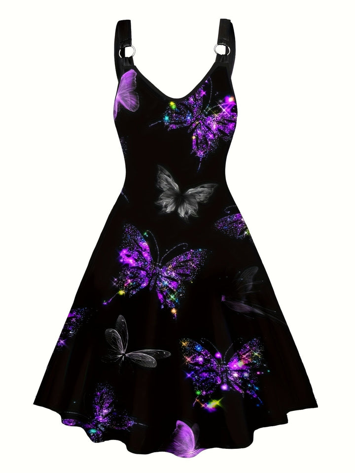 Elegante vestaglia da donna senza maniche, con una suggestiva stampa papillon e un elegante scollo a V con scollatura a punta